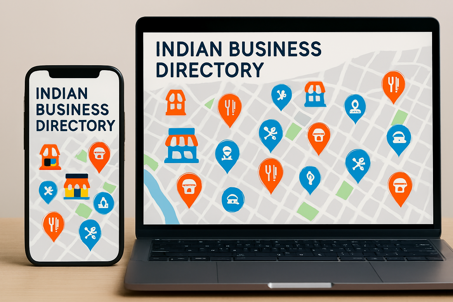 Illustration of Indian free business directory on smartphone and laptop with shop and restaurant icons, boosting local SEO in 2025