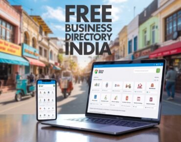 Feature image showing Indian business directory on laptop and phone with icons of shops and cafes, text overlay Free Business Directory India
