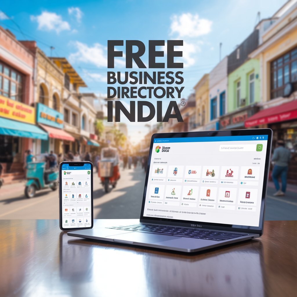 Feature image showing Indian business directory on laptop and phone with icons of shops and cafes, text overlay Free Business Directory India