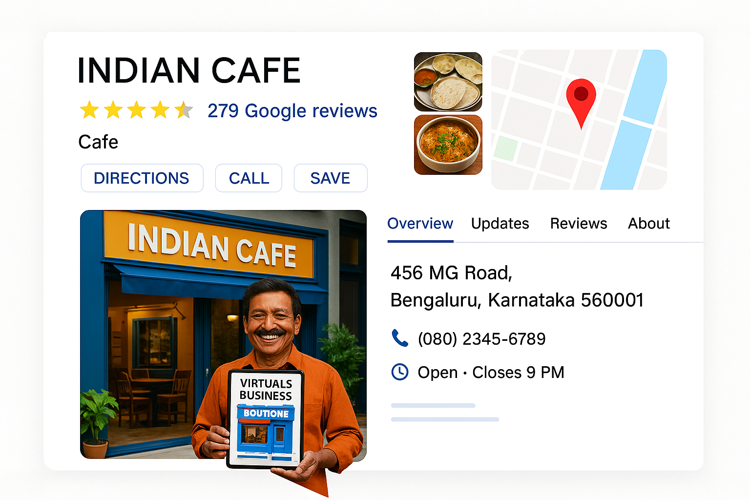 Mockup of Google Business Profile listing for Indian cafe with reviews, map location, and contact details to improve local SEO