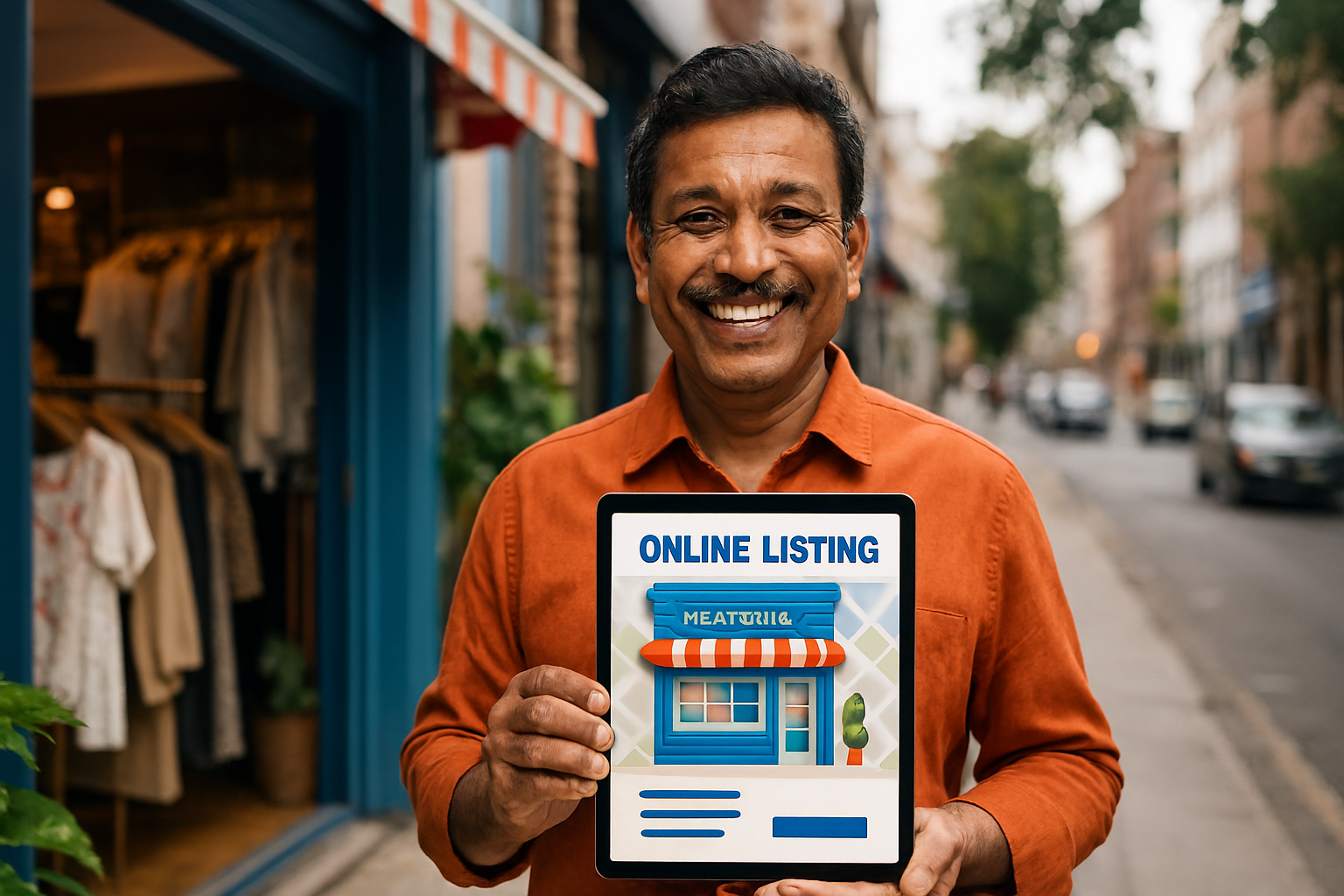 Indian small shop owner holding tablet with online business listing, showing digital growth through free business directory India