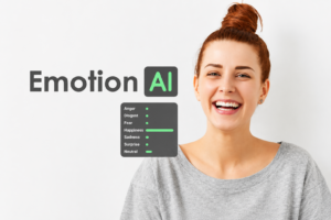 A smiling woman with an AI-powered emotion analysis interface displaying emotional indicators such as happiness, surprise, sadness, and neutral expressions. The illustration represents Emotion AI technology and its ability to analyze human emotions through facial expressions and behavioral patterns.