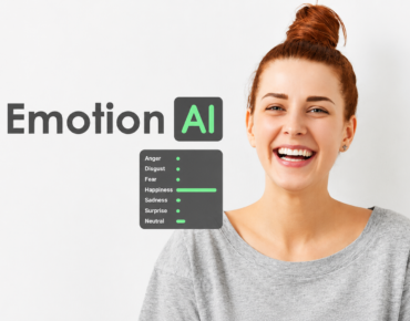 A smiling woman with an AI-powered emotion analysis interface displaying emotional indicators such as happiness, surprise, sadness, and neutral expressions. The illustration represents Emotion AI technology and its ability to analyze human emotions through facial expressions and behavioral patterns.