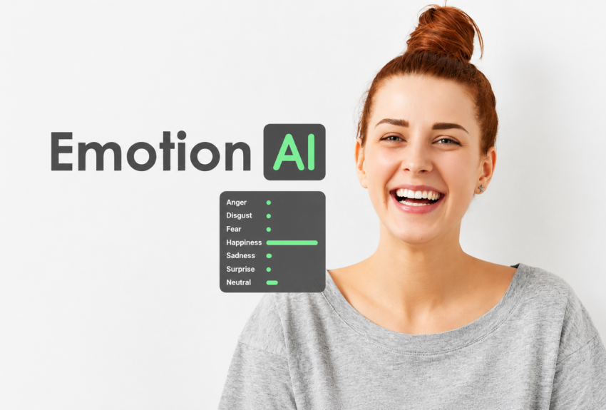 A smiling woman with an AI-powered emotion analysis interface displaying emotional indicators such as happiness, surprise, sadness, and neutral expressions. The illustration represents Emotion AI technology and its ability to analyze human emotions through facial expressions and behavioral patterns.