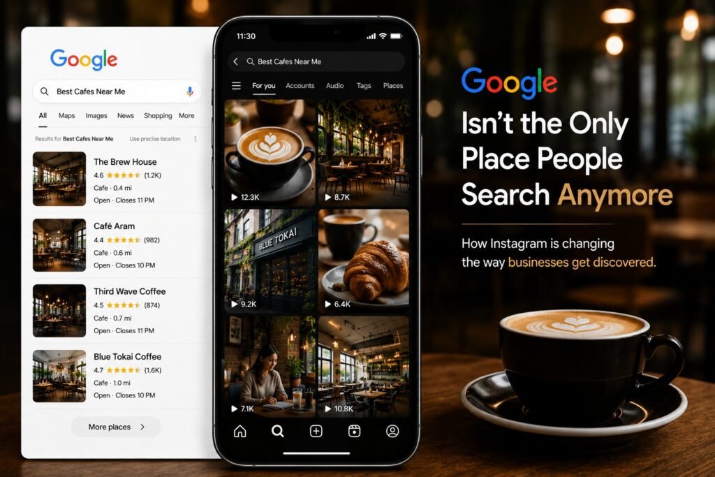 nstagram search vs Google search comparison showing how users discover cafés and local businesses through social search and visual content.