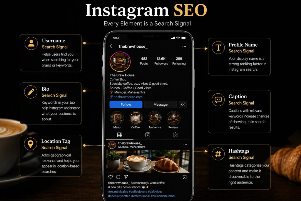 Instagram SEO infographic explaining how profile names, usernames, bios, captions, hashtags, and location tags improve Instagram search rankings and discoverability.