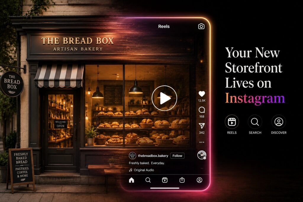Instagram Reel storefront concept showing how searchable Reels help businesses increase visibility through social search and Instagram discovery.