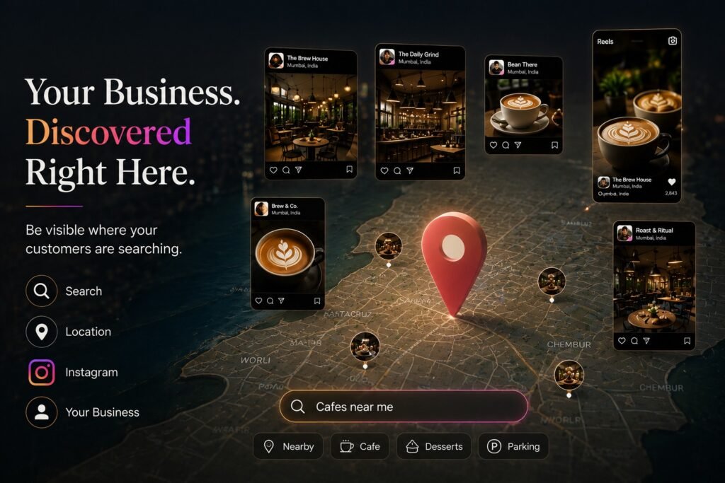 Instagram location tags and social search infographic showing local business discovery through map pins, Instagram profiles, and location-based search results.
