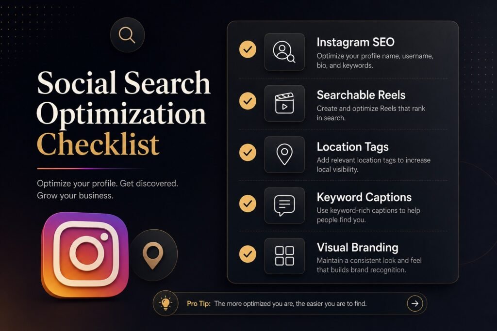 Social search optimization checklist showing Instagram SEO, searchable Reels, keyword captions, location tags, and visual branding for improved business visibility.