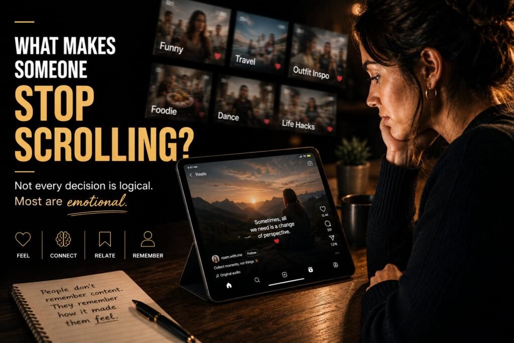 A digital marketing illustration showing a person watching social media content on a tablet while various content categories appear in the background. The design highlights emotional engagement, consumer psychology, and the factors that influence people to stop scrolling on social media.