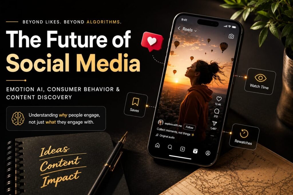 A modern digital marketing illustration showing a smartphone displaying an Instagram Reel, surrounded by engagement signals such as watch time, saves, rewatches, and likes. The design highlights the future of social media, Emotion AI, consumer behavior, and content discovery through behavioral signals rather than traditional engagement metrics.