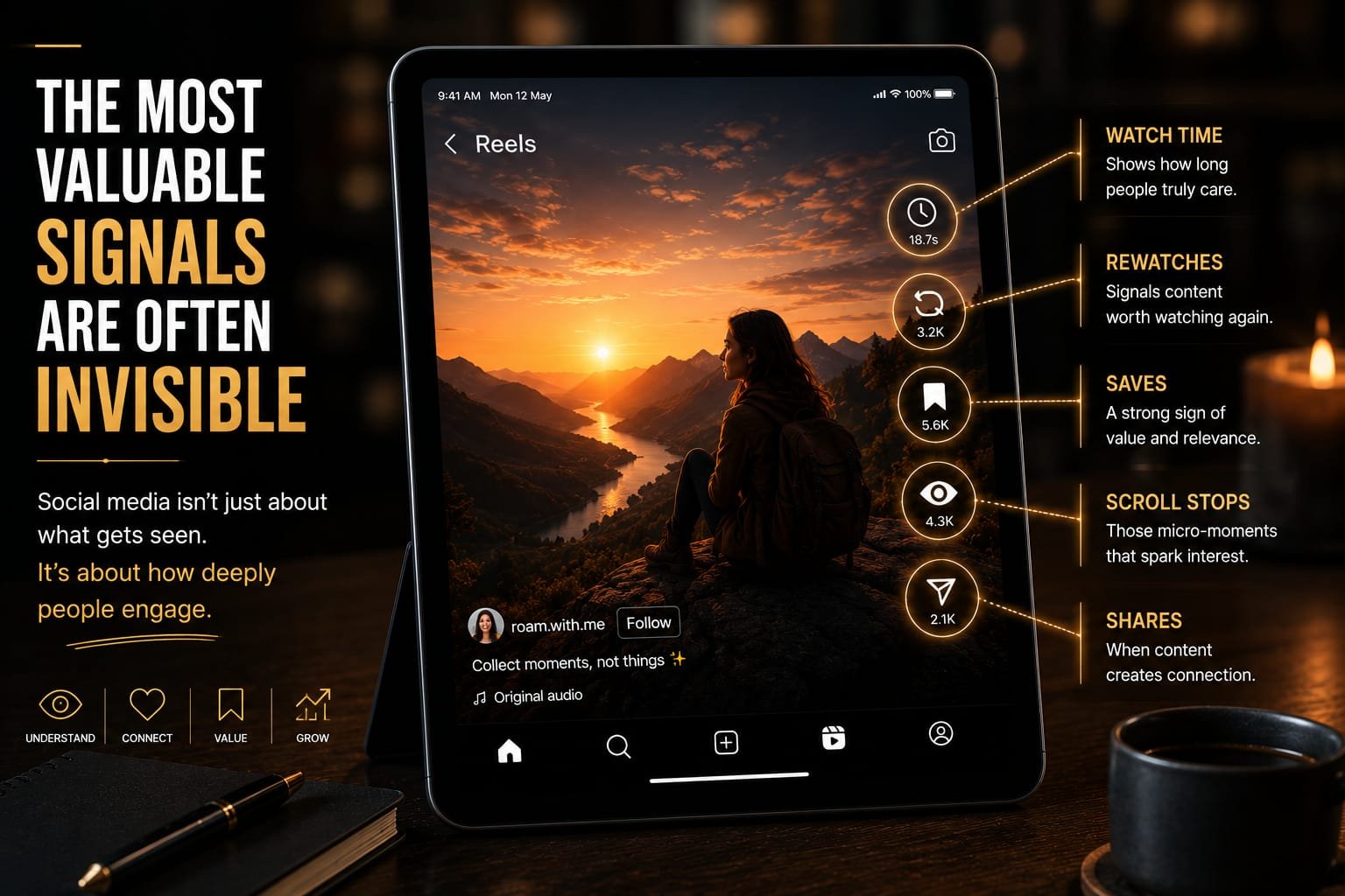 A digital marketing illustration showing an Instagram Reel on a tablet with behavioral engagement signals such as watch time, rewatches, saves, scroll stops, and shares highlighted around the screen. The design explains how invisible engagement metrics influence content discovery and audience behavior.