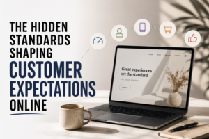 Modern editorial hero image featuring a laptop displaying a business website, illustrating how digital experiences shape customer expectations online.