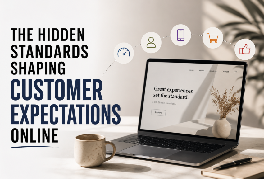 Modern editorial hero image featuring a laptop displaying a business website, illustrating how digital experiences shape customer expectations online.