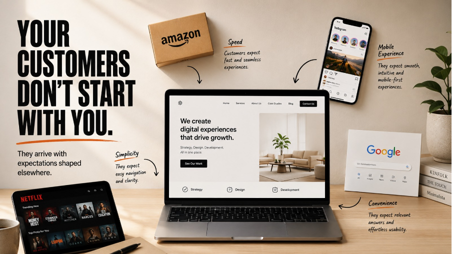 Laptop displaying a business website surrounded by Amazon, Netflix, Instagram, and Google, illustrating how these platforms shape modern customer expectations online.