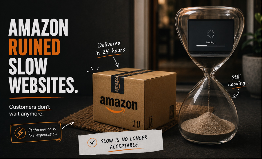 Editorial illustration comparing a fast Amazon delivery with a slow-loading website, highlighting how customer expectations for website speed have changed.