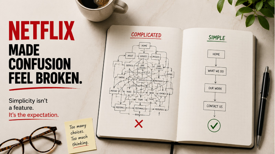 Editorial illustration comparing a complicated website navigation flow with a simple website structure, inspired by Netflix's intuitive user experience.