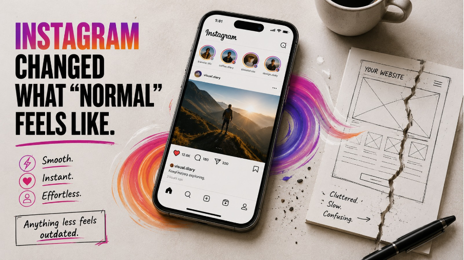 Editorial illustration showing an Instagram interface beside a broken website wireframe, highlighting how mobile-first experiences shape modern customer expectations.