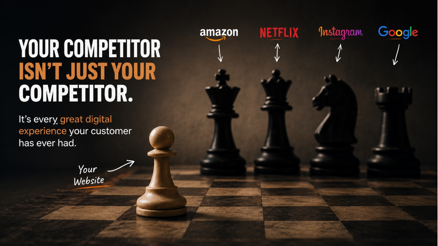 Editorial illustration of a single chess piece representing a business website facing larger chess pieces labeled Amazon, Netflix, Instagram, and Google, symbolizing how customer expectations are shaped by leading digital platforms.